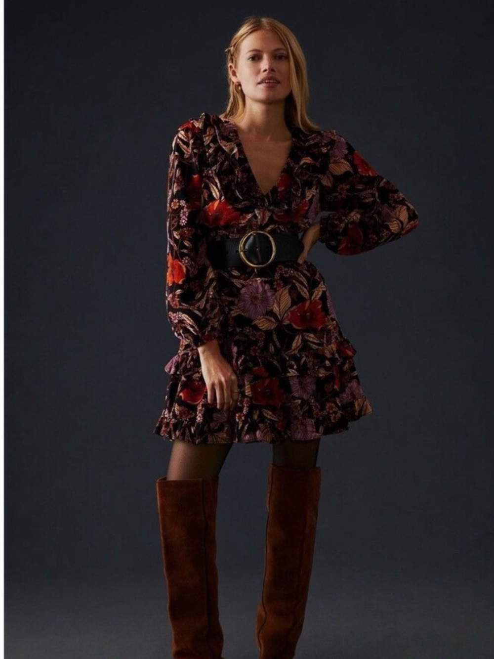 Anthropologie/Pilcro Corduroy Mini Dress with Floral Print, Size XS, EUC